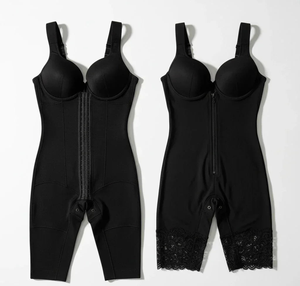 A Stage 1 and a Stage 2 Snatched-body faja shown side-by-side to highlight their differences in design and material.