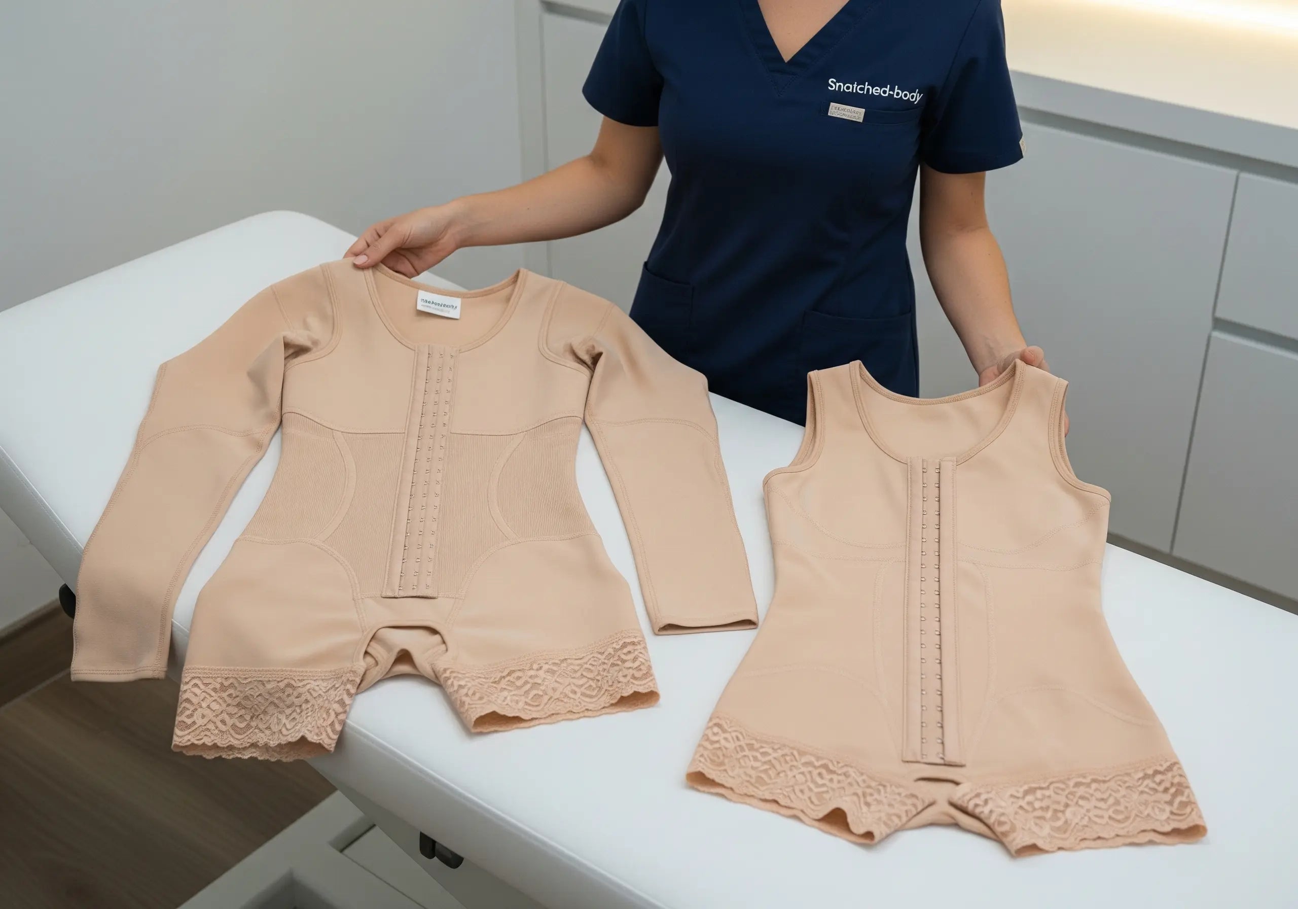 Beige baby shapewear with lace details on a table, with a person wearing a navy shirt in the background.
