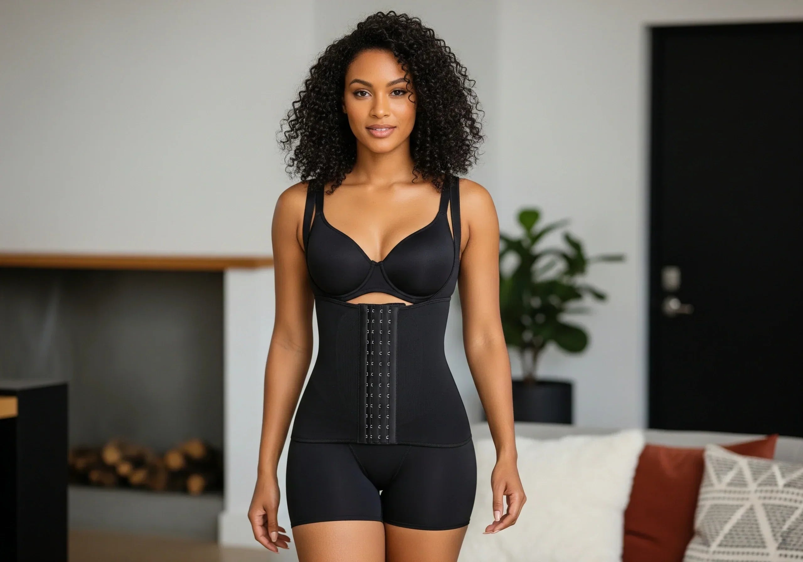 Woman wearing a black waist trainer in a home setting