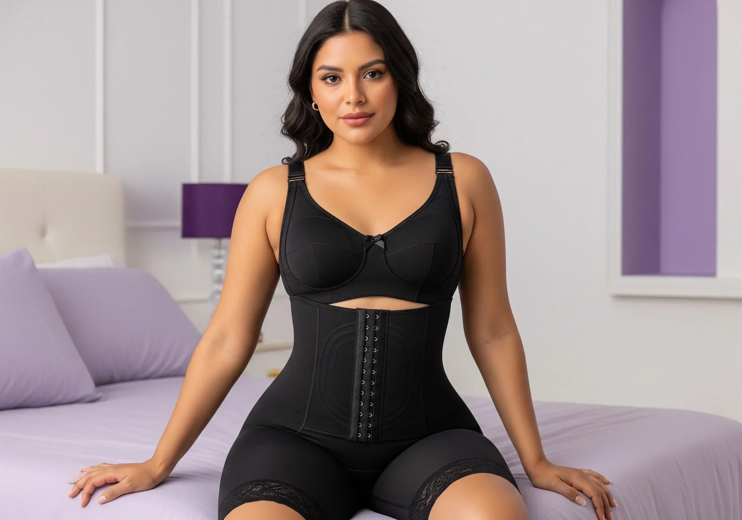 Latina model wearing a Colombian Stage 1 post-surgery faja on a lilac bedspread, with recovery essentials including lipo foams, cotton liner, and baby powder neatly arranged.