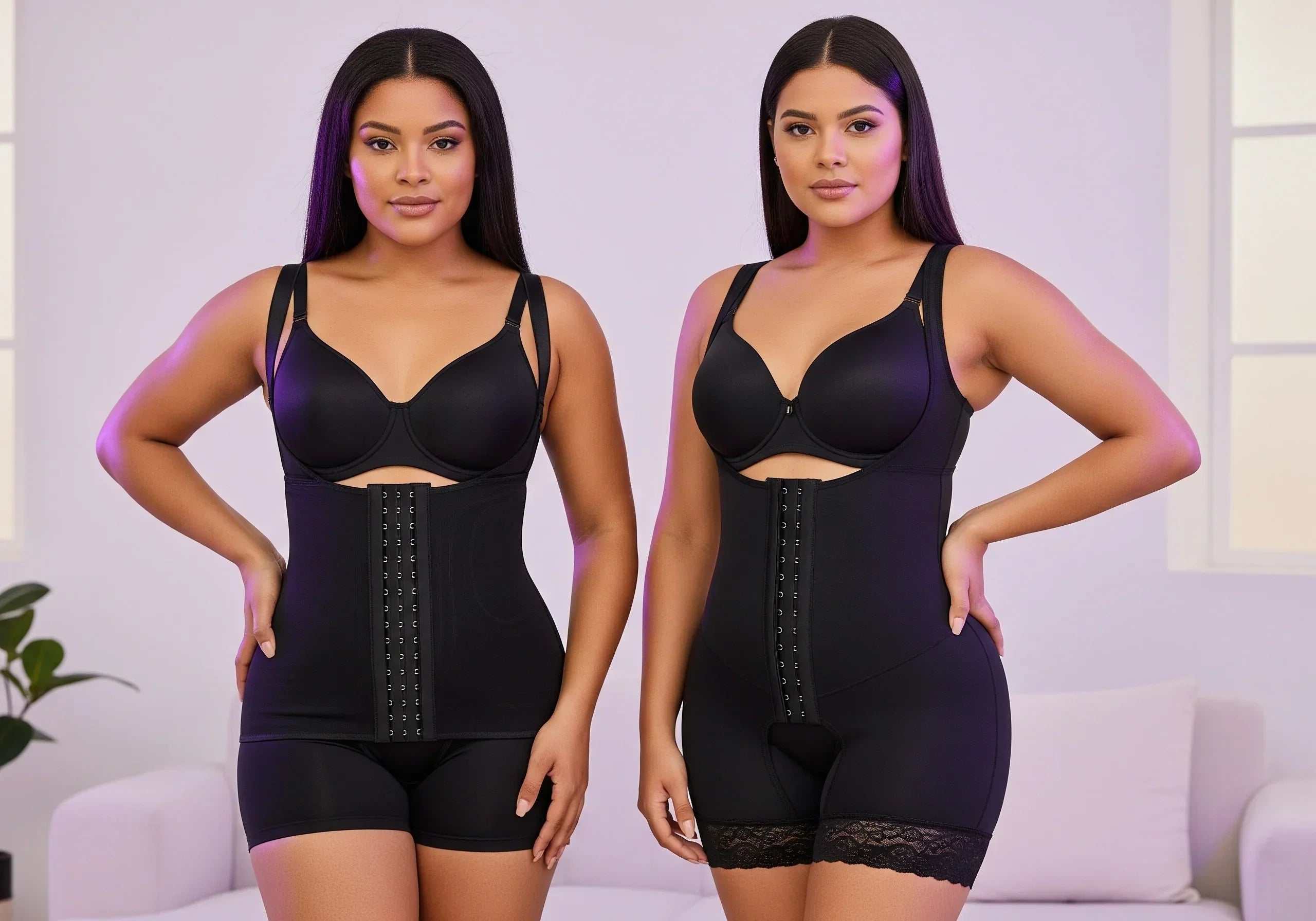 Two Latina Afro models wearing Colombian post-surgery fajas, Stage 1 and Stage 2, side by side in a modern lifestyle setting showing the difference between recovery and daily wear compression garments.