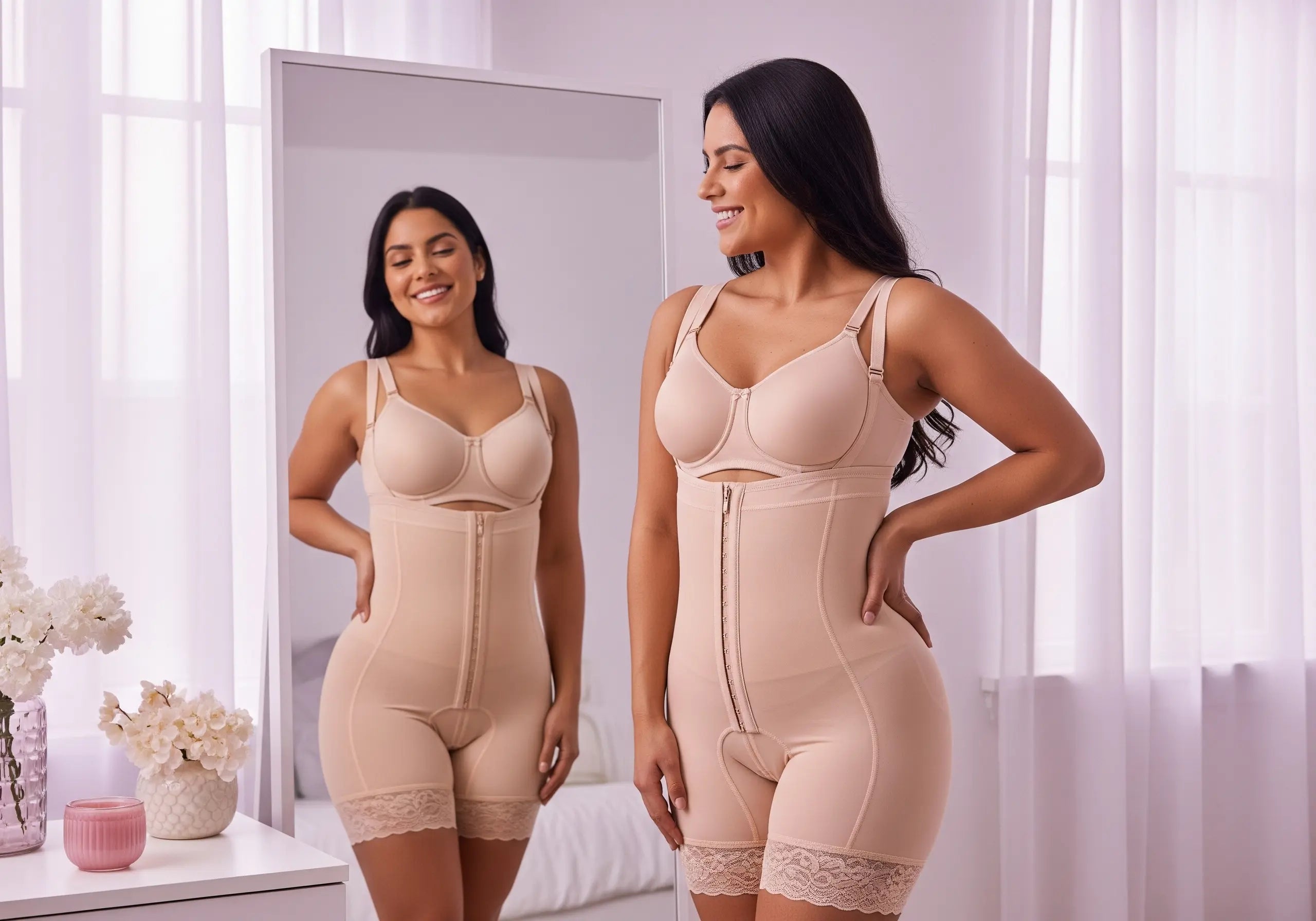 Latina woman in tummy tuck recovery wearing a nude Colombian Stage 2 faja, looking at her reflection in a lilac-toned bedroom with a confident smile.