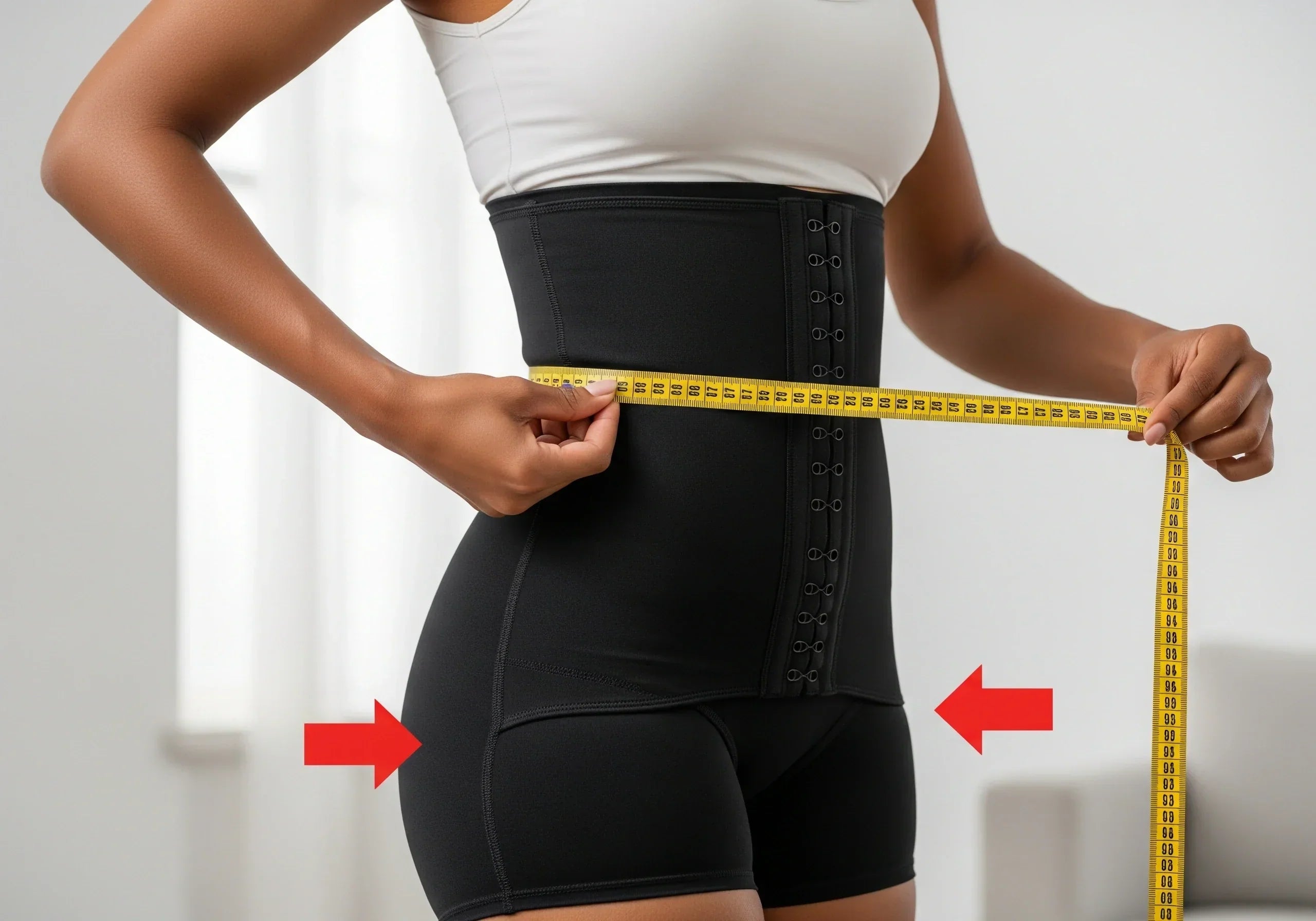 An infographic showing where to measure your waist and hips for a faja, with a corresponding size chart.