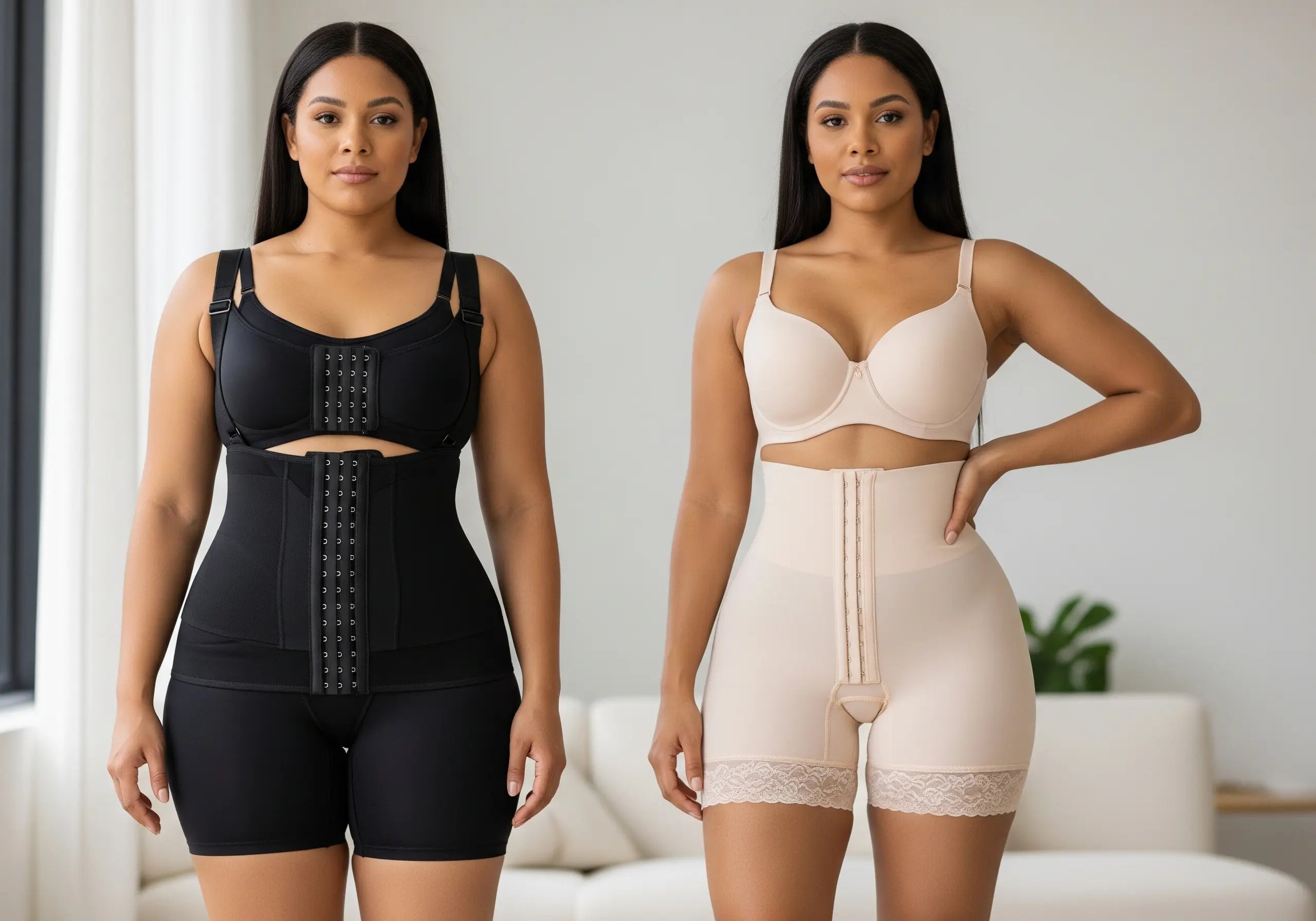Two Latina Afro models wearing Colombian post-surgery fajas, Stage 1 and Stage 2, side by side in a purple lifestyle setting showing the difference between recovery and daily wear compression garments.