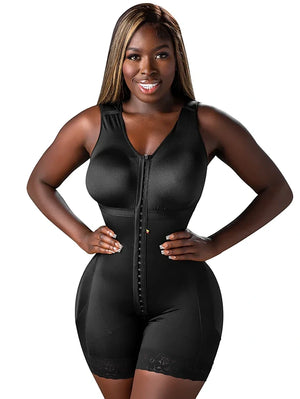 Front view of black built-in bra BBL stage 2 Faja with Frontal Hooks