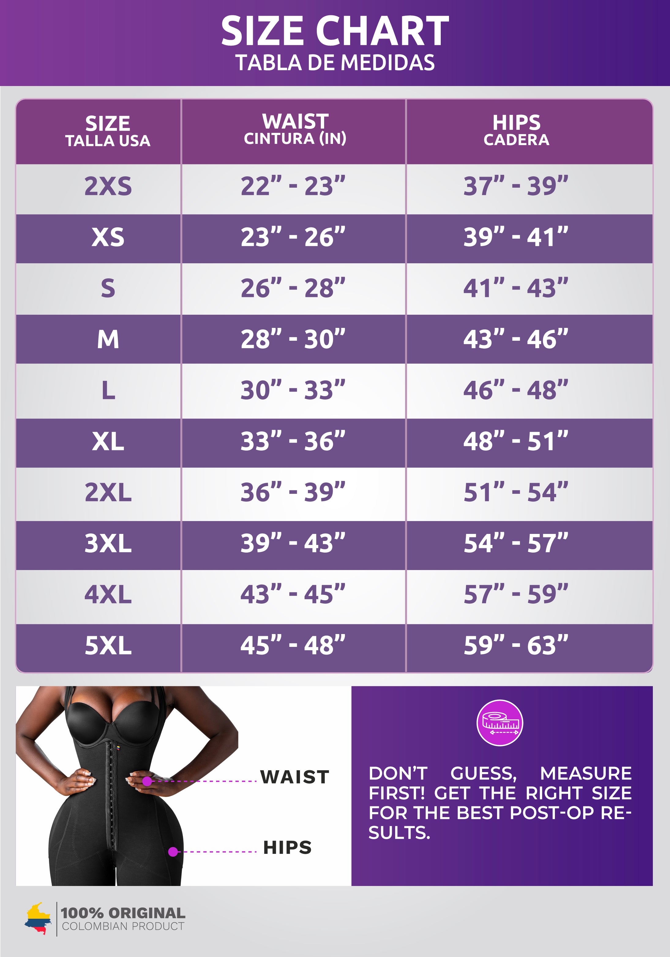 high-waisted BBL stage 2 Faja size chart
