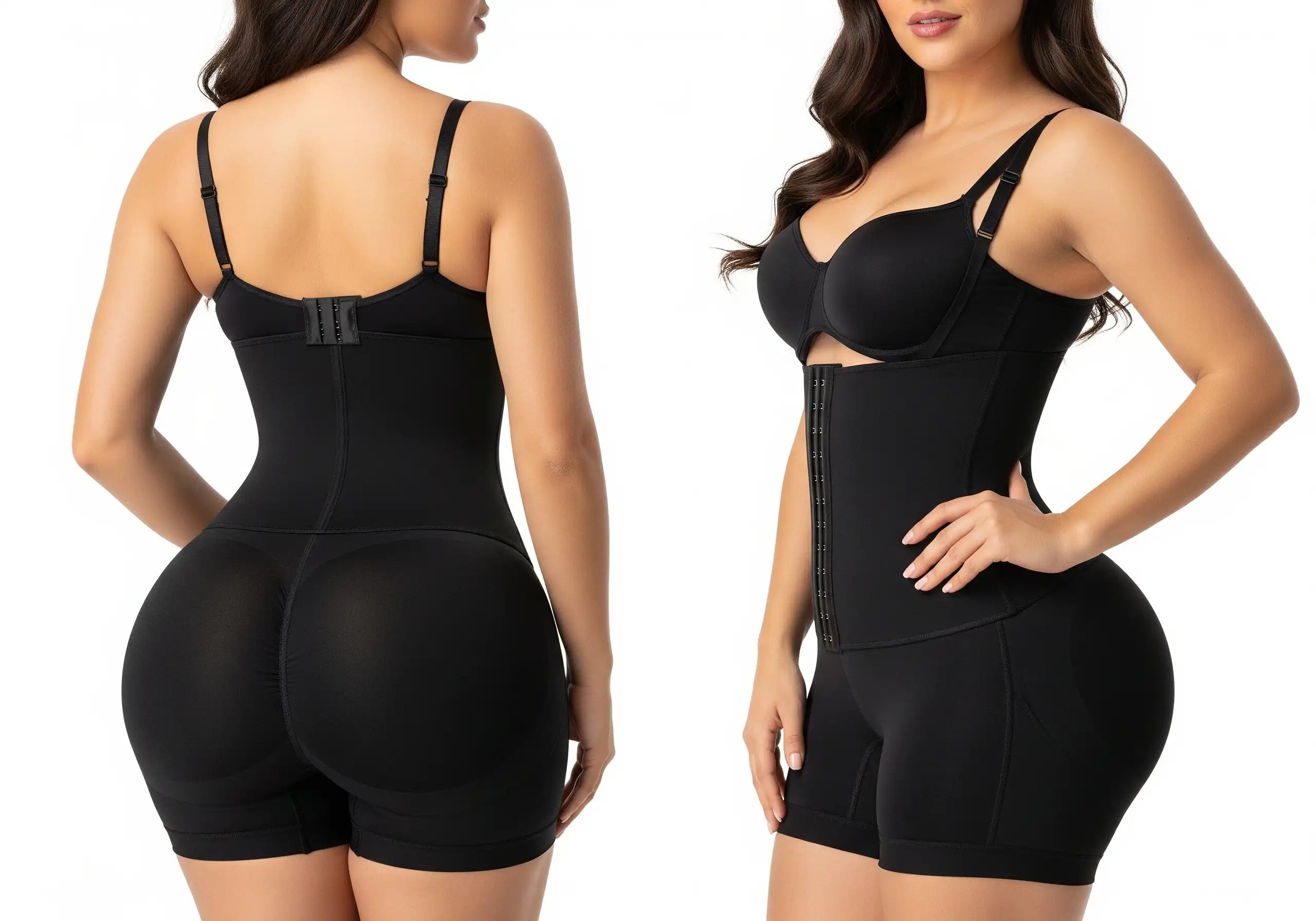 Before and after side-by-side showing proper BBL faja compression zones with high pressure on liposuction areas (abdomen, flanks, back) and zero pressure on buttocks where fat was transferred