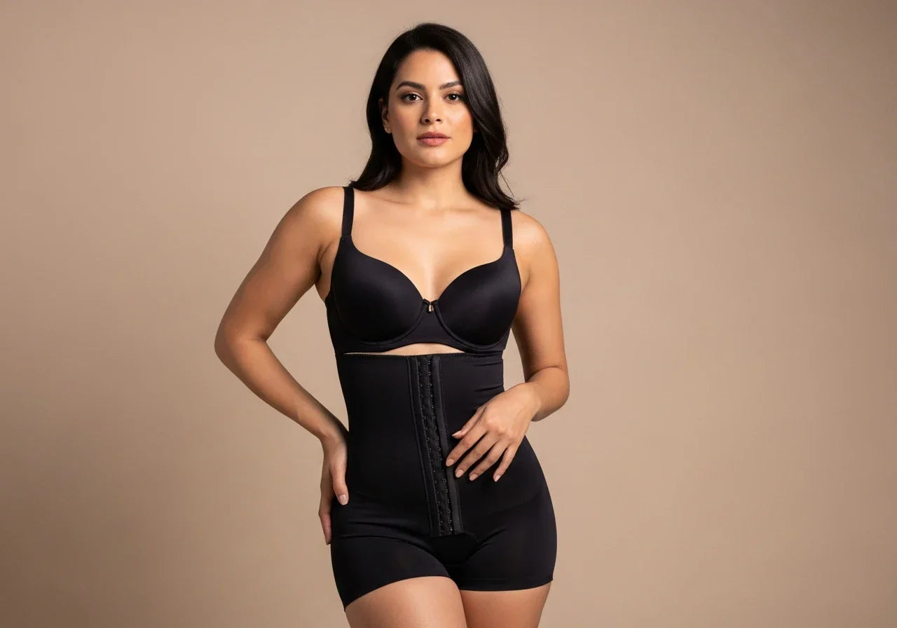 Woman wearing a premium Colombian faja designed for body shaping and support