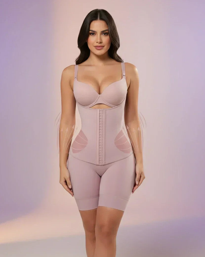 Woman wearing Stage 2 BBL faja with built-in bra showing proper fit, glute-sparing design, and comfortable all-day wear during post-operative recovery