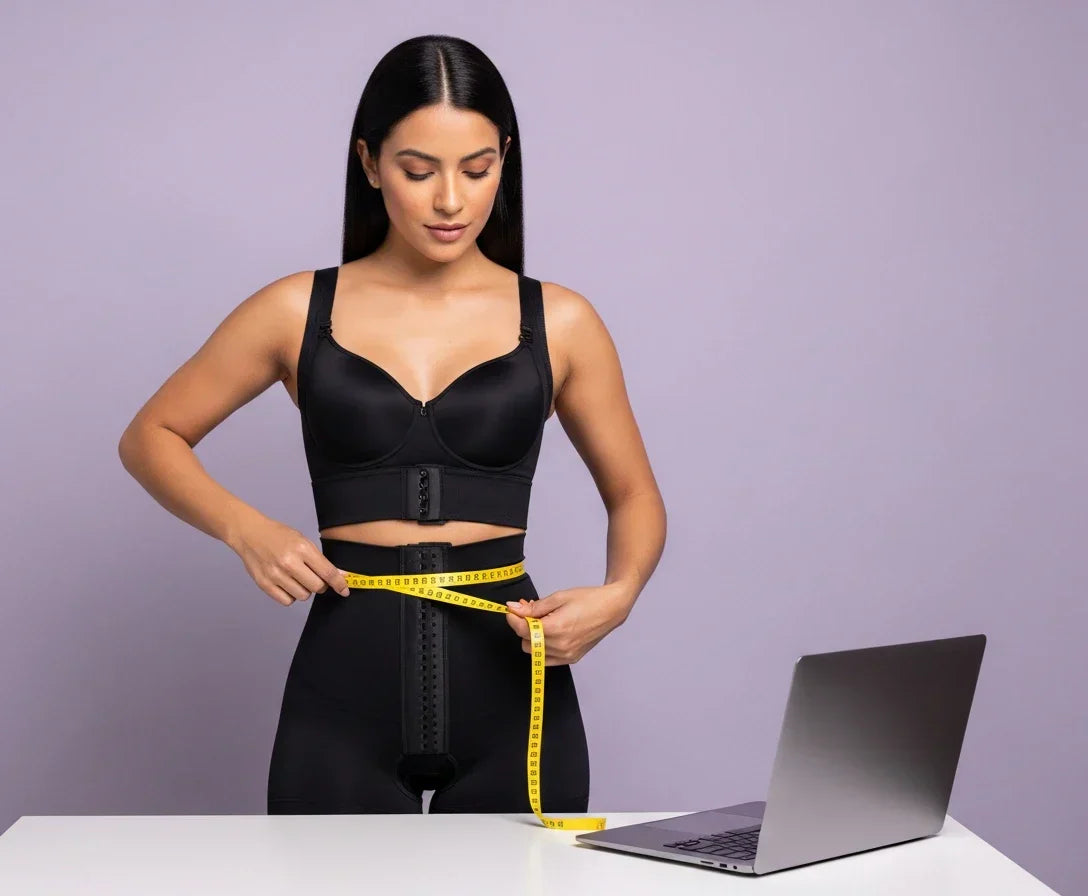 Woman shopping for Colombian fajas online compared to buying in a physical store