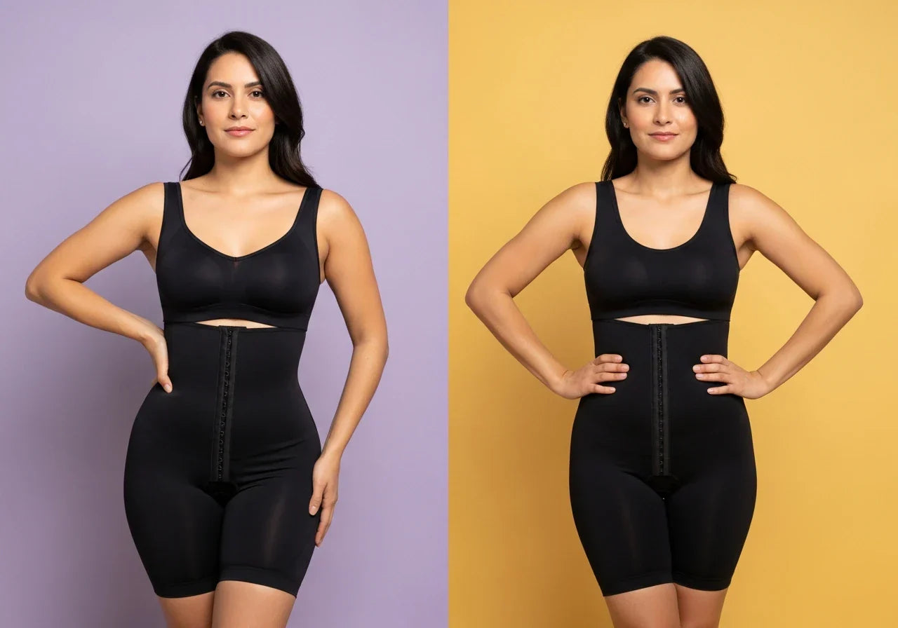 Comparison between cheap and premium Colombian fajas showing differences in fit and structure