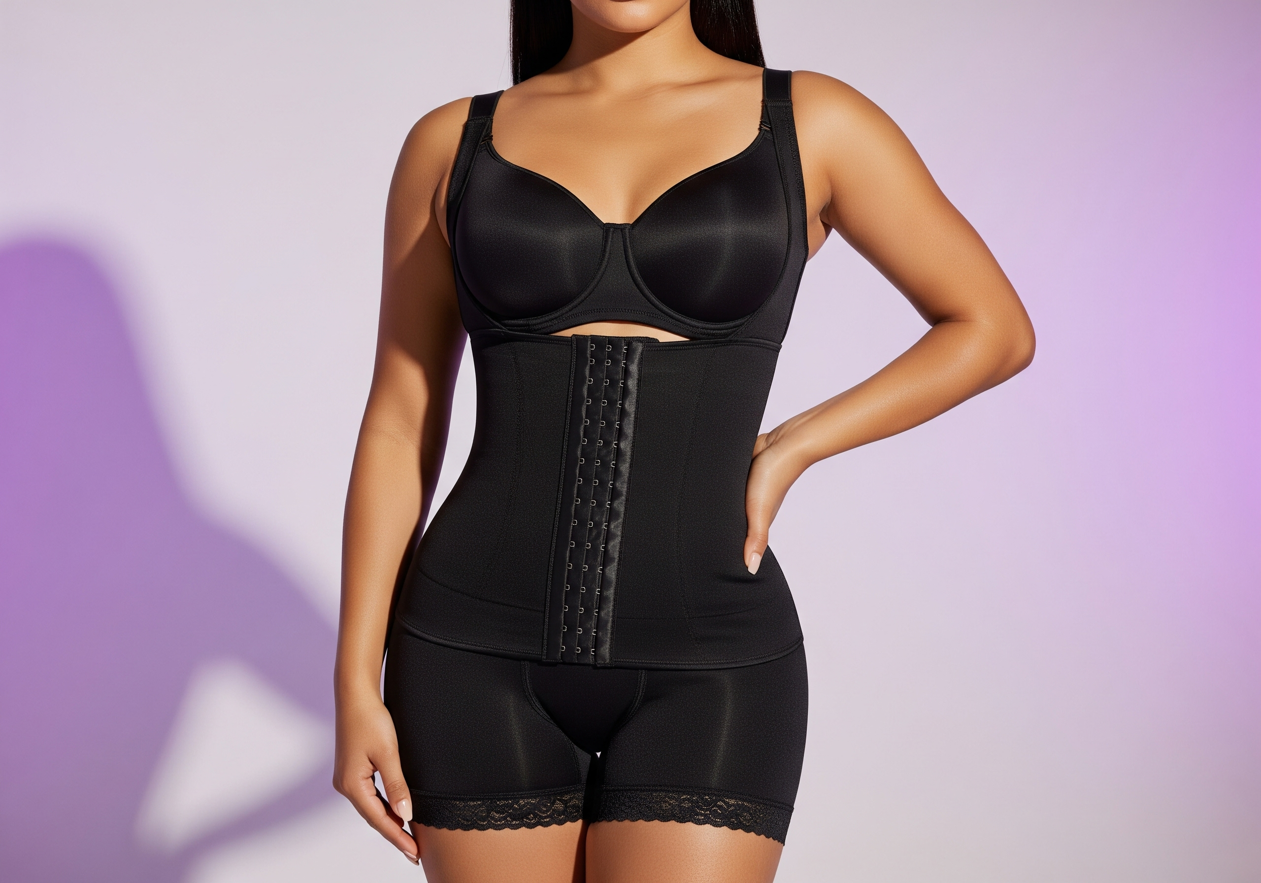 Latina model wearing a Colombian Stage 1 post-surgery faja, mid-thigh and high-back design with reinforced abdominal panel and lace trim, photographed against a purple background.  