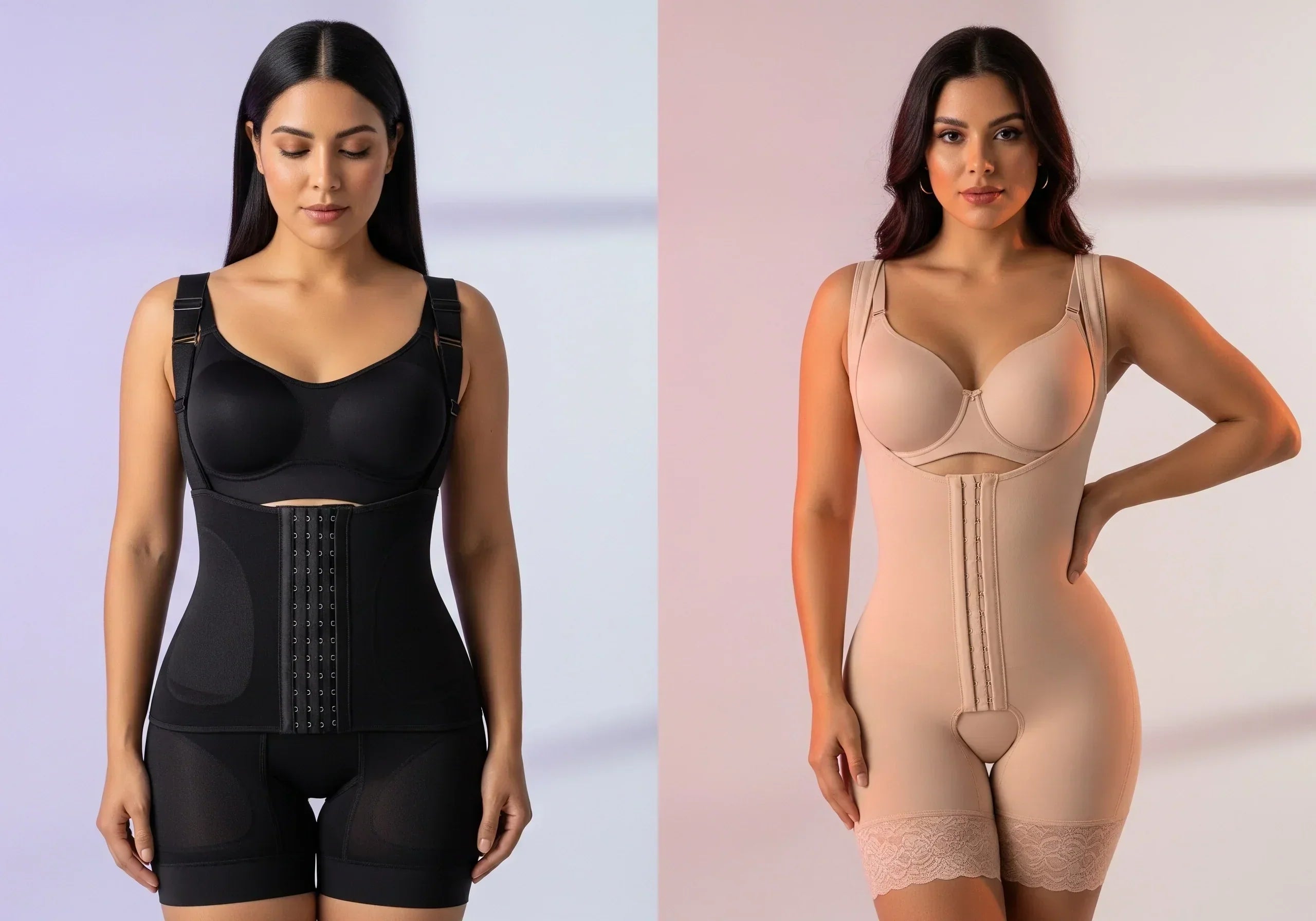 Side-by-side comparison of two Latina models wearing Colombian post-surgery fajas, Stage 1 in black with hooks for recovery and Stage 2 in nude with zipper for daily shaping.  