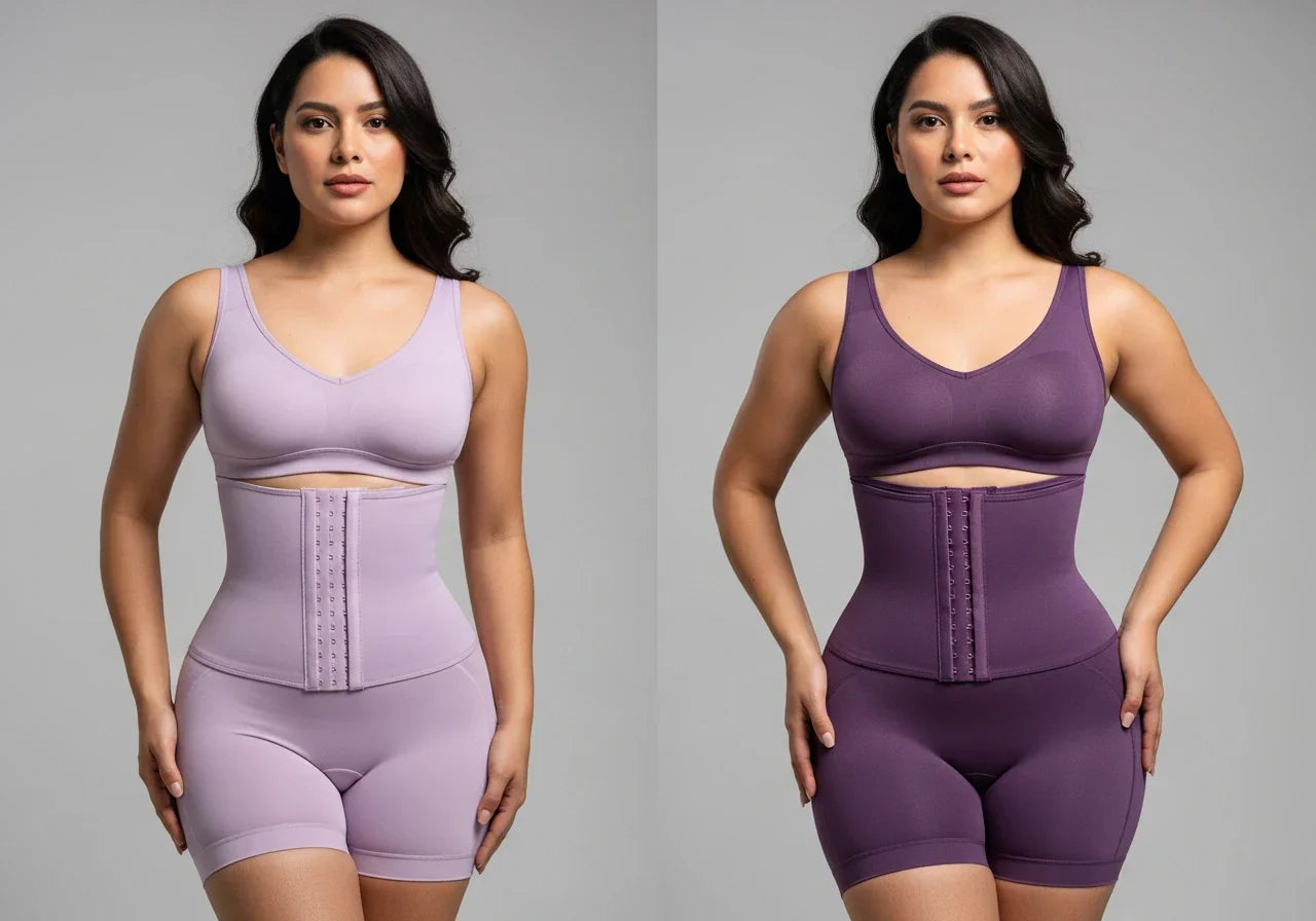 Woman wearing a Colombian faja and waist trainer to show structural differences