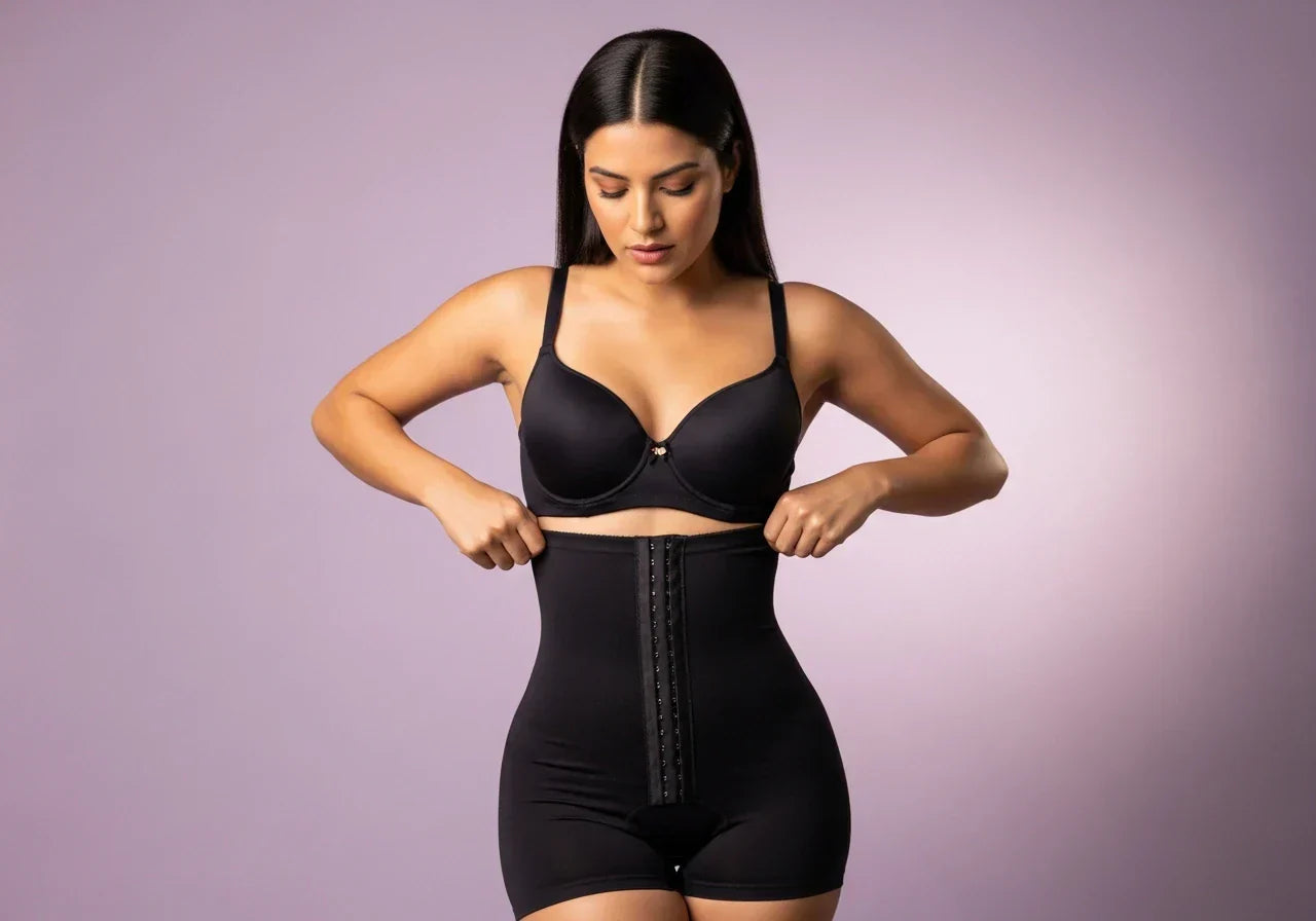 Woman wearing an ill-fitting Colombian-style faja showing disappointing results