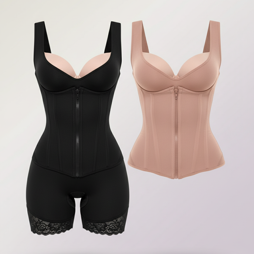 Side-by-side comparison of a black high-compression Colombian faja and a nude-pink waist-length shapewear vest on a lilac background, showing detailed textures, closures, and design differences.
