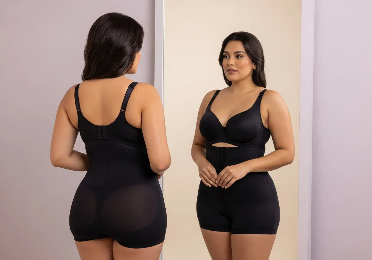 Confident woman wearing Colombian faja looking at her silhouette in a mirror