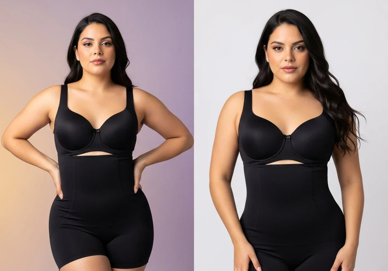 Comparison of premium and low-quality shapewear showing fit and posture differences