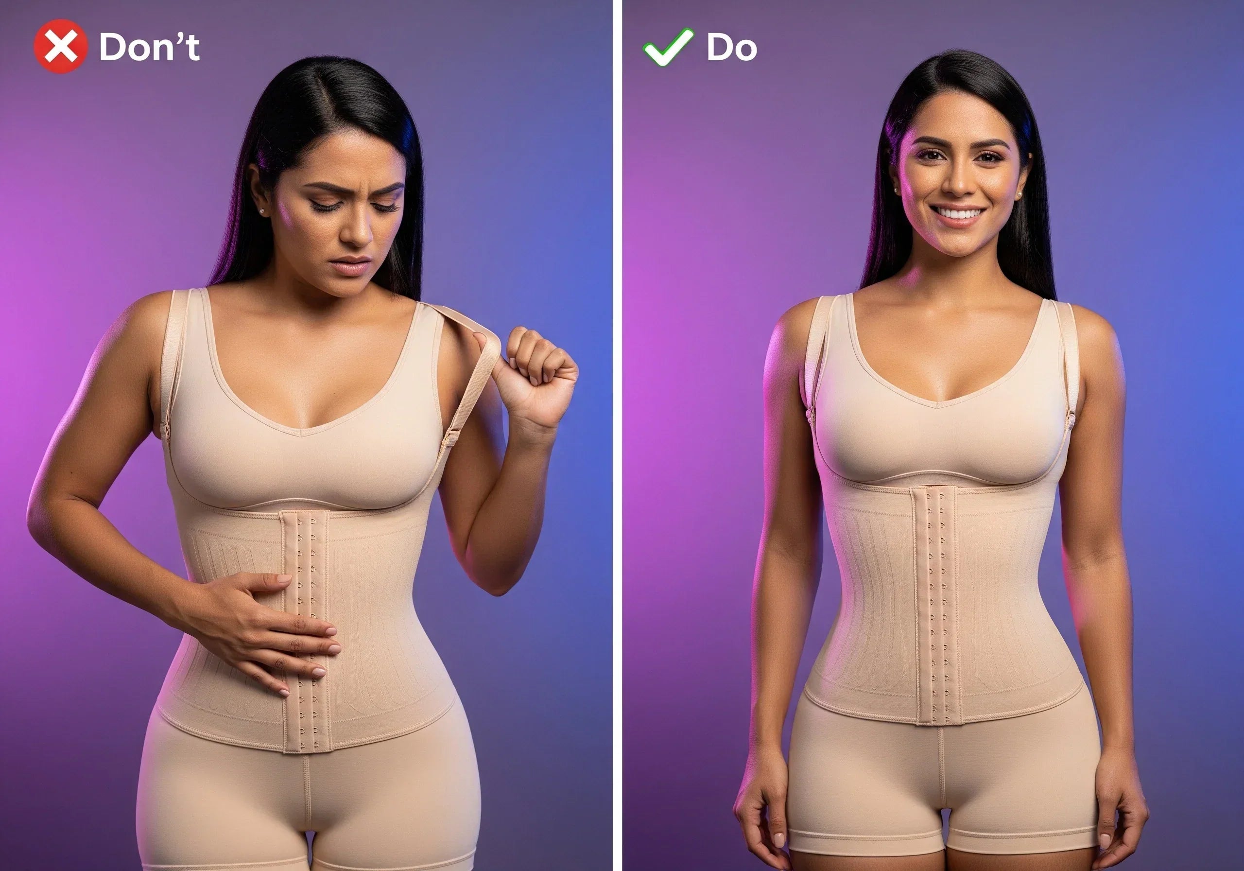 Two Latina models in Colombian fajas against a purple gradient background: one hunched forward pulling at her strap with a pained expression, the other standing tall and smiling with a perfect fit.  