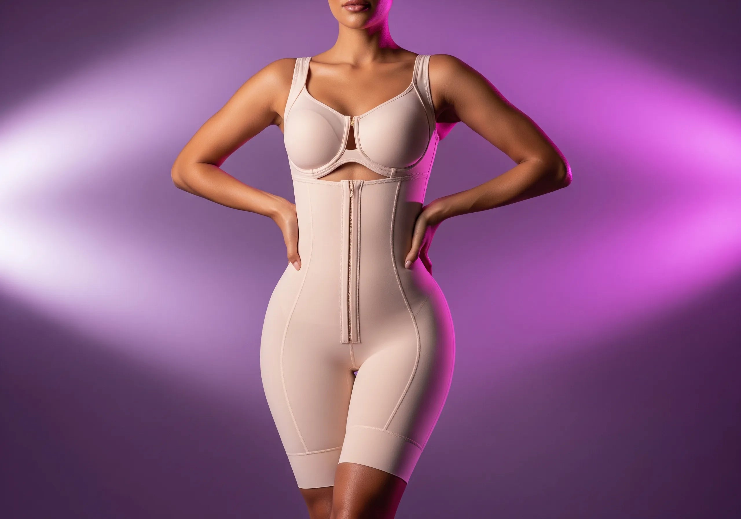 Full body faja stay-in-place technology diagram highlighting shoulder strap anchoring, multi-panel construction, graduated compression zones, and strategic boning placement