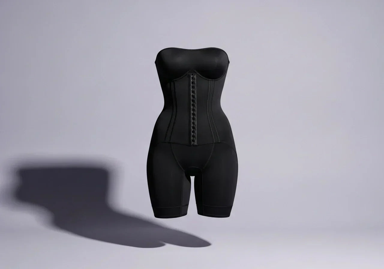 Black Colombian faja with an hourglass silhouette displayed in a minimalist editorial style on a neutral background.