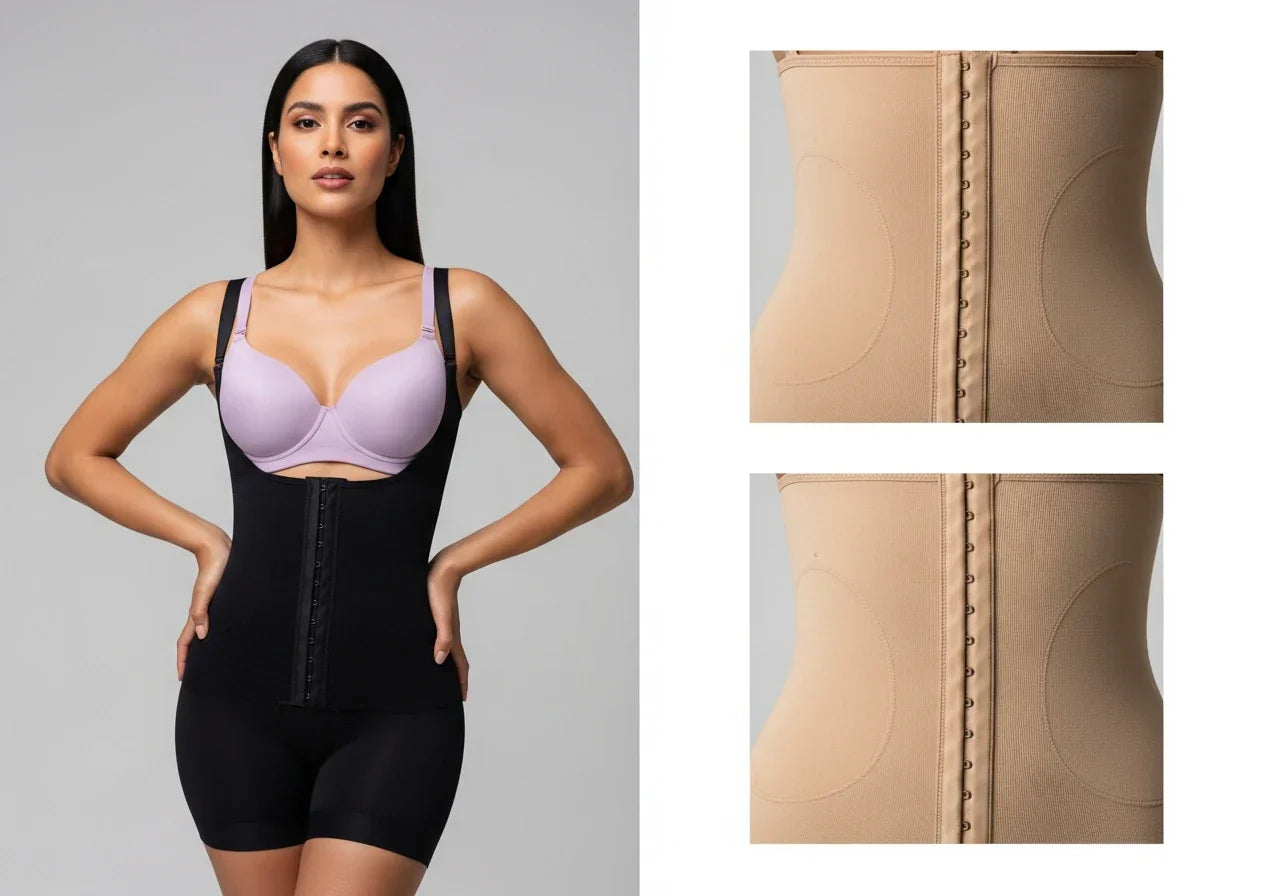 Graduated compression zones shown on a Colombian faja worn by a model in a studio setting