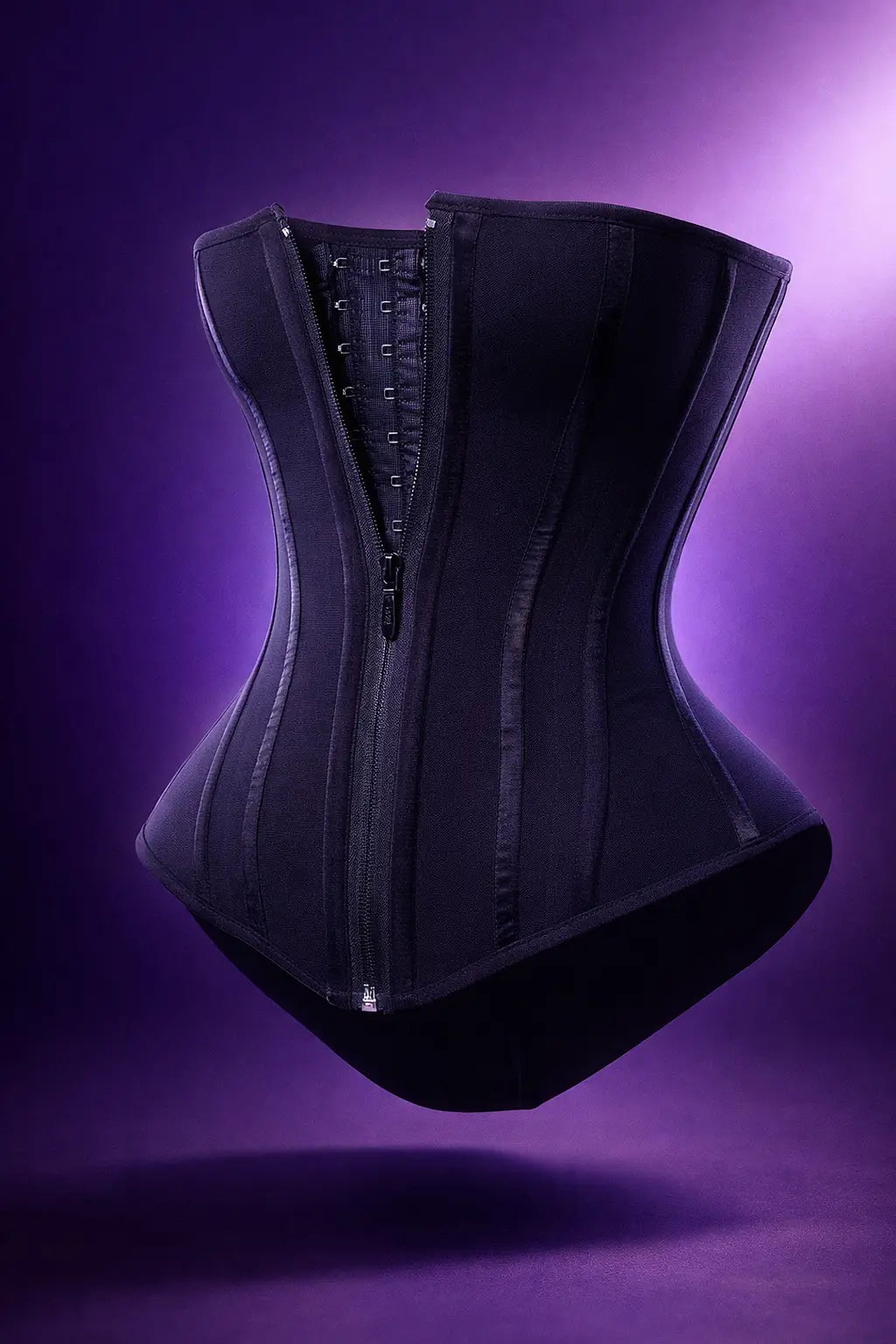 Flat-lay close-up of a black hourglass waist cincher showing boning structure and three-row hook system on a purple background.