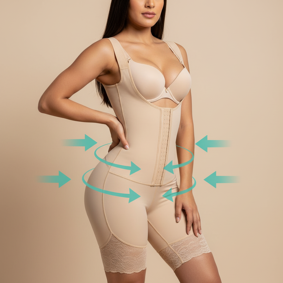 Latina model wearing a beige Colombian compression faja posing confidently, with subtle arrows highlighting waist, abdomen, and thigh compression areas to illustrate sculpting and support.