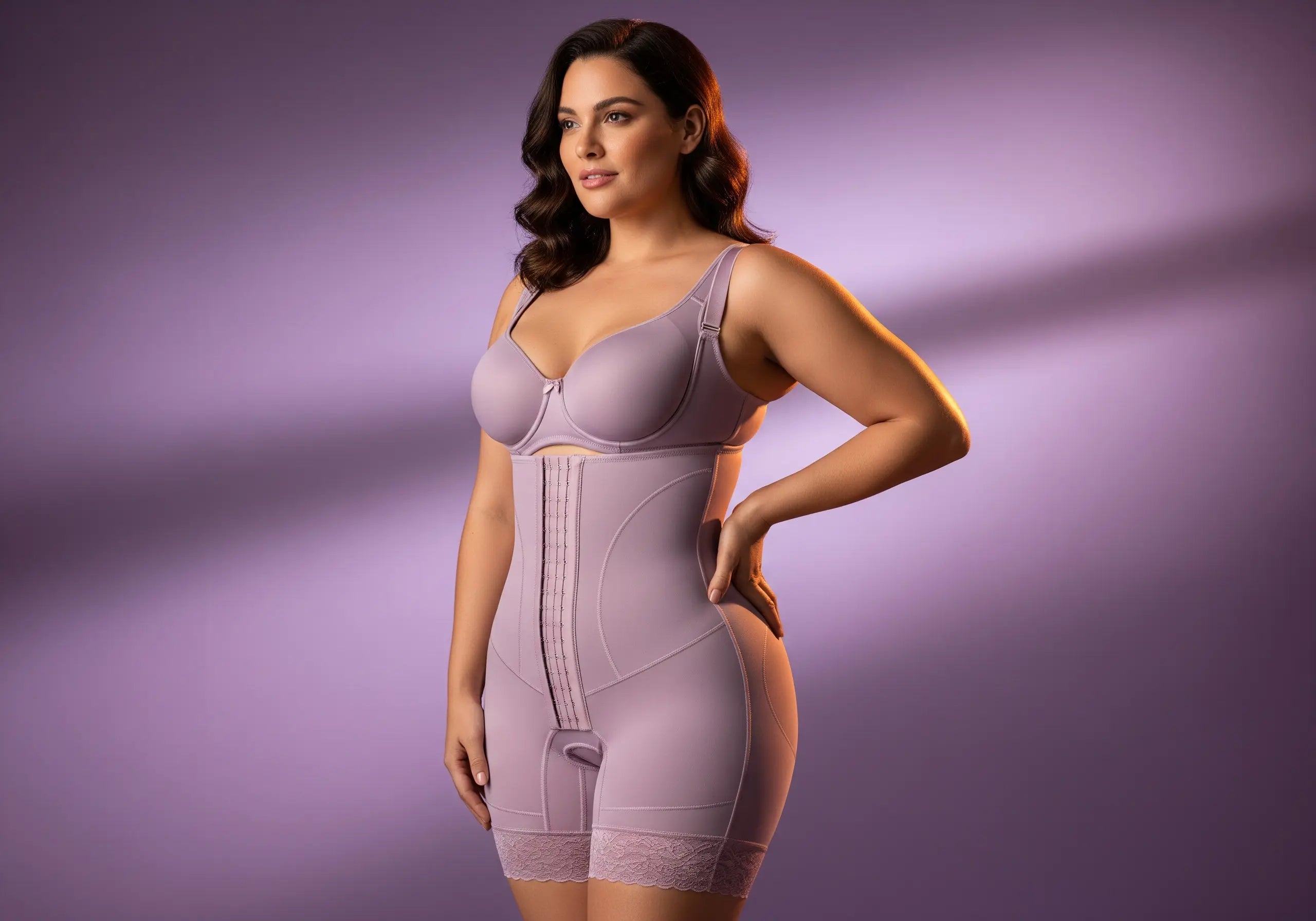 Plus size woman wearing properly fitted Stage 2 Colombian faja showing smooth silhouette, proper waistband placement, and confident posture in sizes 3XL-5XL