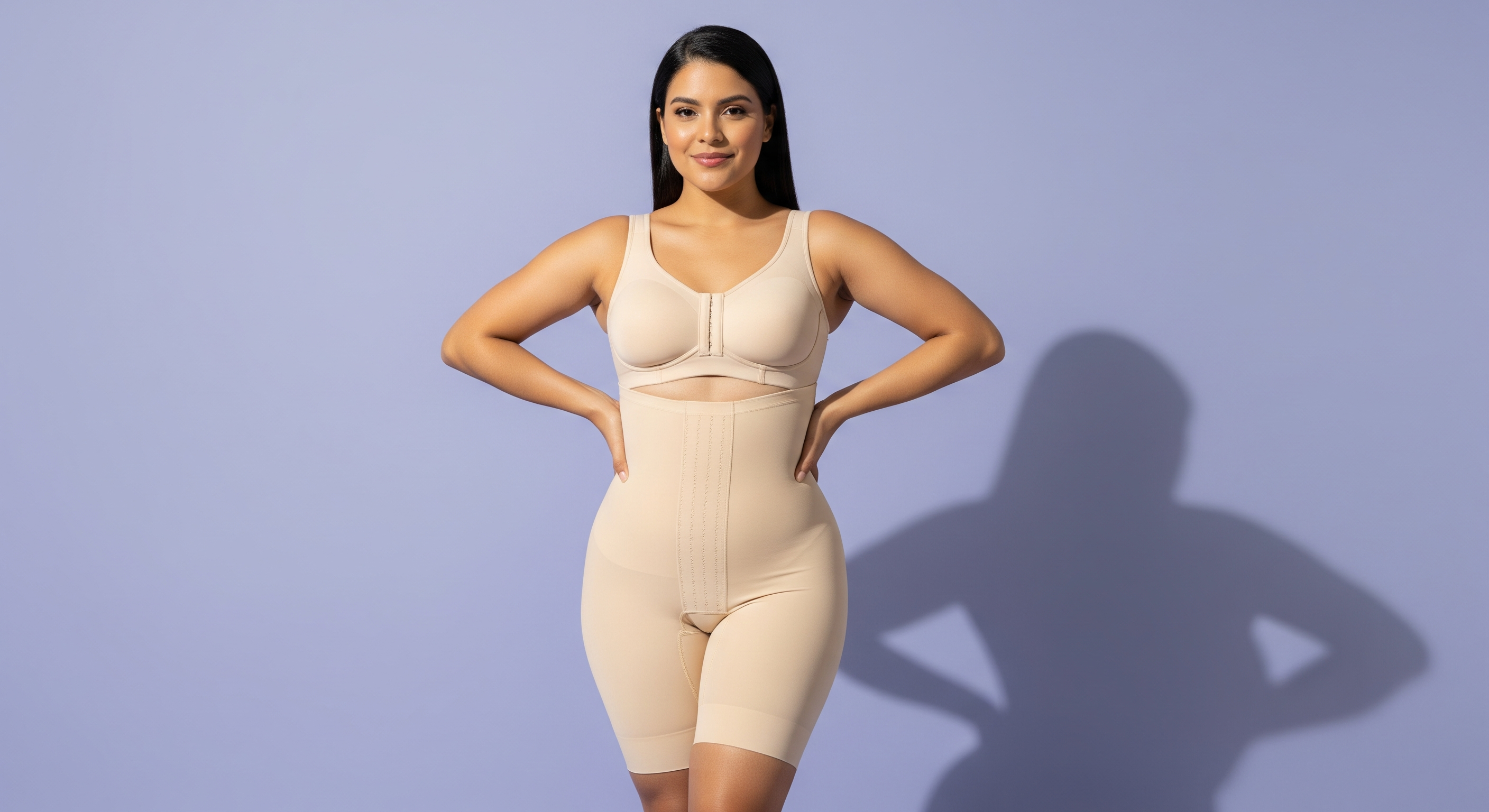 How Long Should You Wear A Faja After BBL Recovery Timeline Explained Post Surgery Selfcare Rituals Latina Model Faja Violet Background 