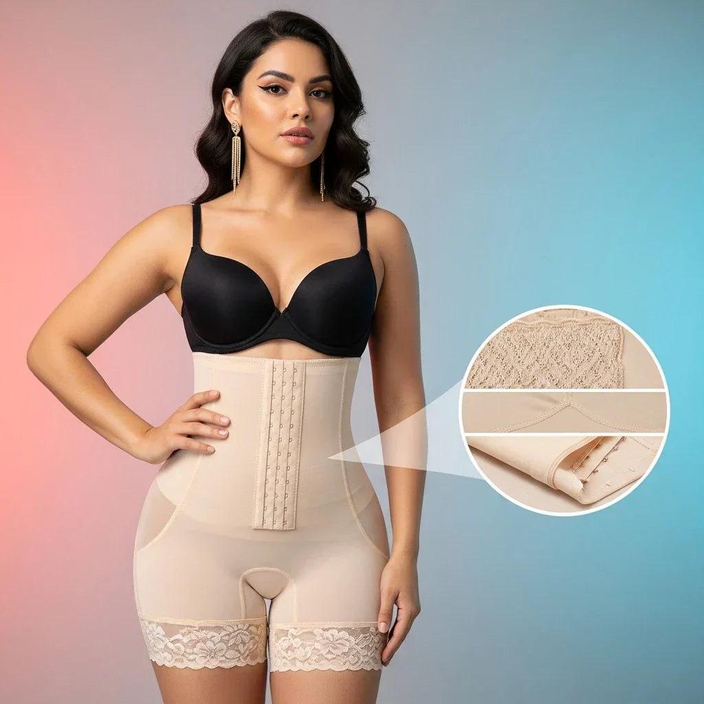 Woman wearing a beige shapewear garment with a close-up of the material on a gradient background