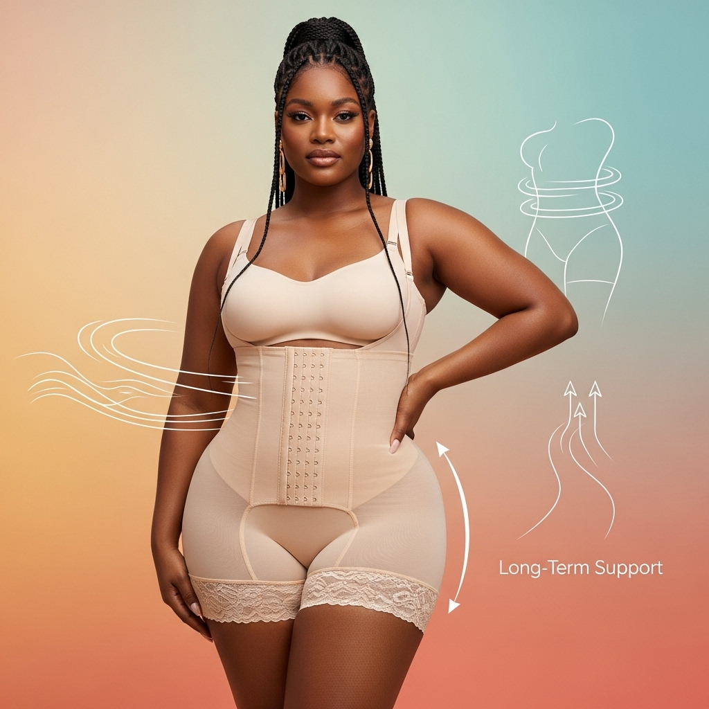  Conceptual illustration showing instant shaping and long-term support as results of wearing Snatched-body shapewear.