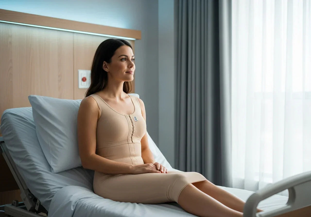 Woman resting comfortably in a hospital recovery room wearing a beige stage 1 post-surgical faja with gentle compression support.