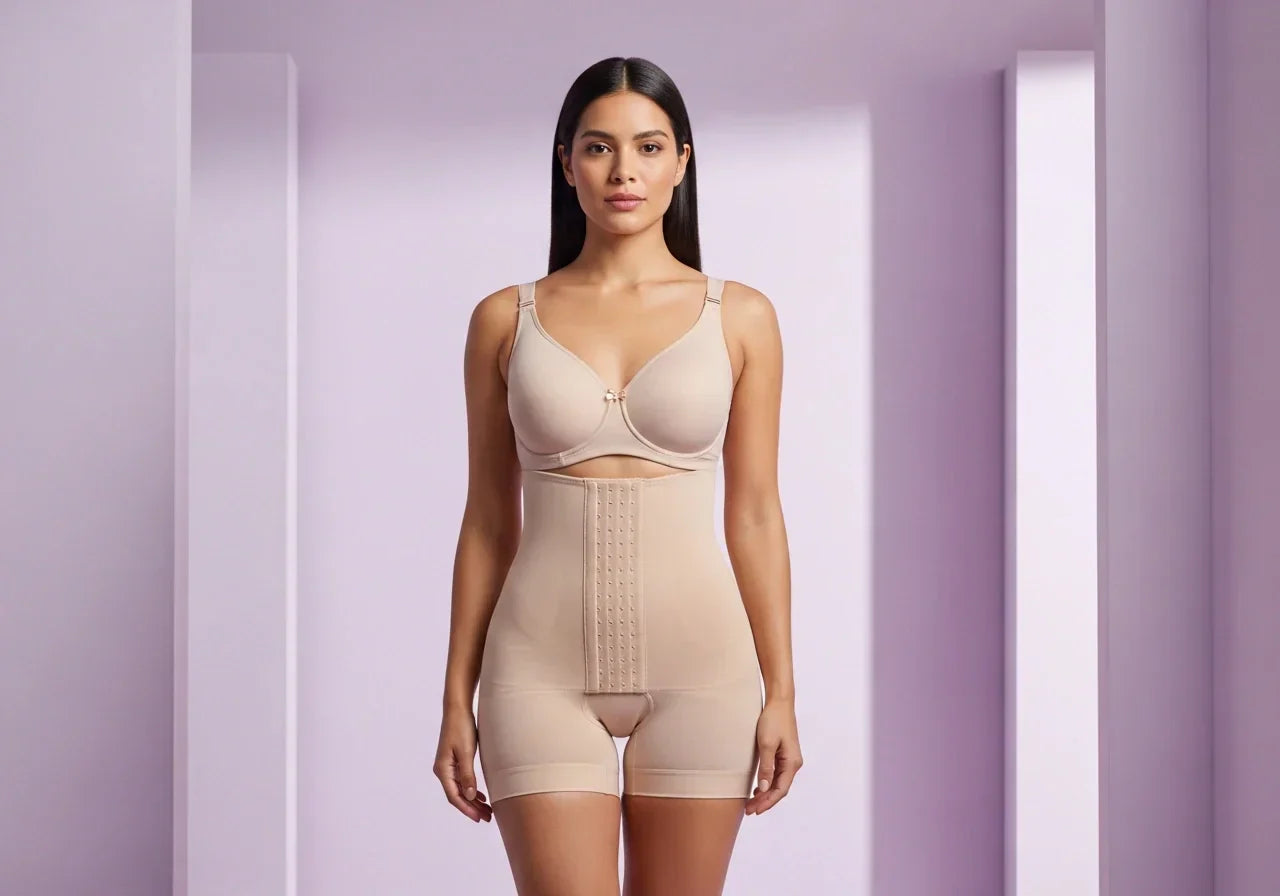 Latina woman wearing an authentic Colombian faja in a neutral studio setting