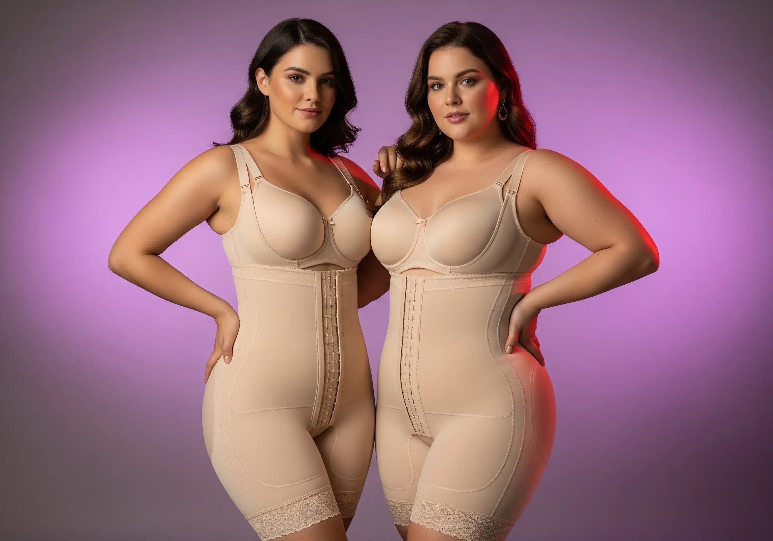 Models Side by side comparison of Colombian medical-grade faja highlighting compression levels, construction differences, and engineering features