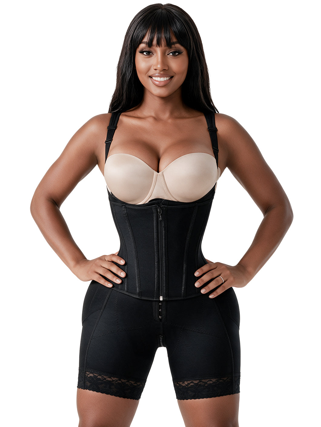 Snatched Body Open Bust Faja | Steel Mid-Thigh Bodysuit with Boned Corset