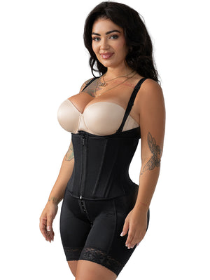 Snatched Body Open Bust Faja | Steel Mid-Thigh Bodysuit with Boned Corset