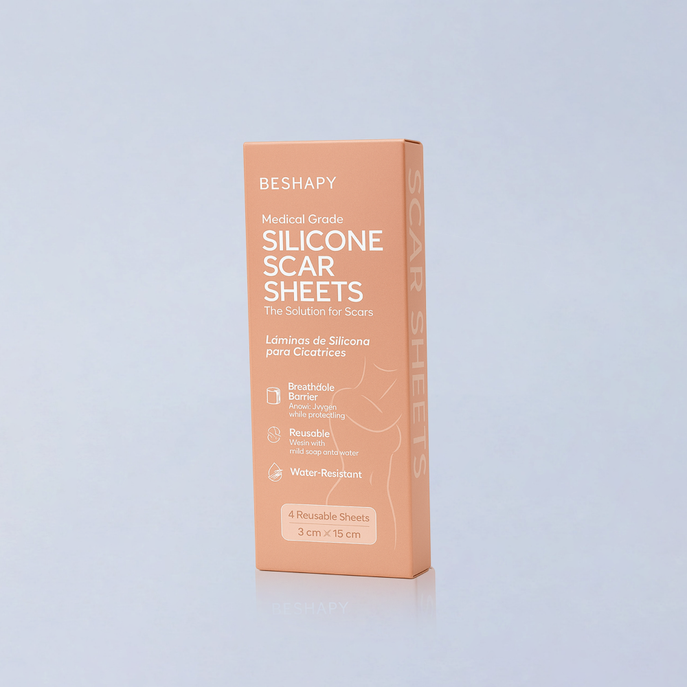 BeShapy Luxury BBL Recovery Kit Box of Beshapy silicone scar sheets on a light blue background