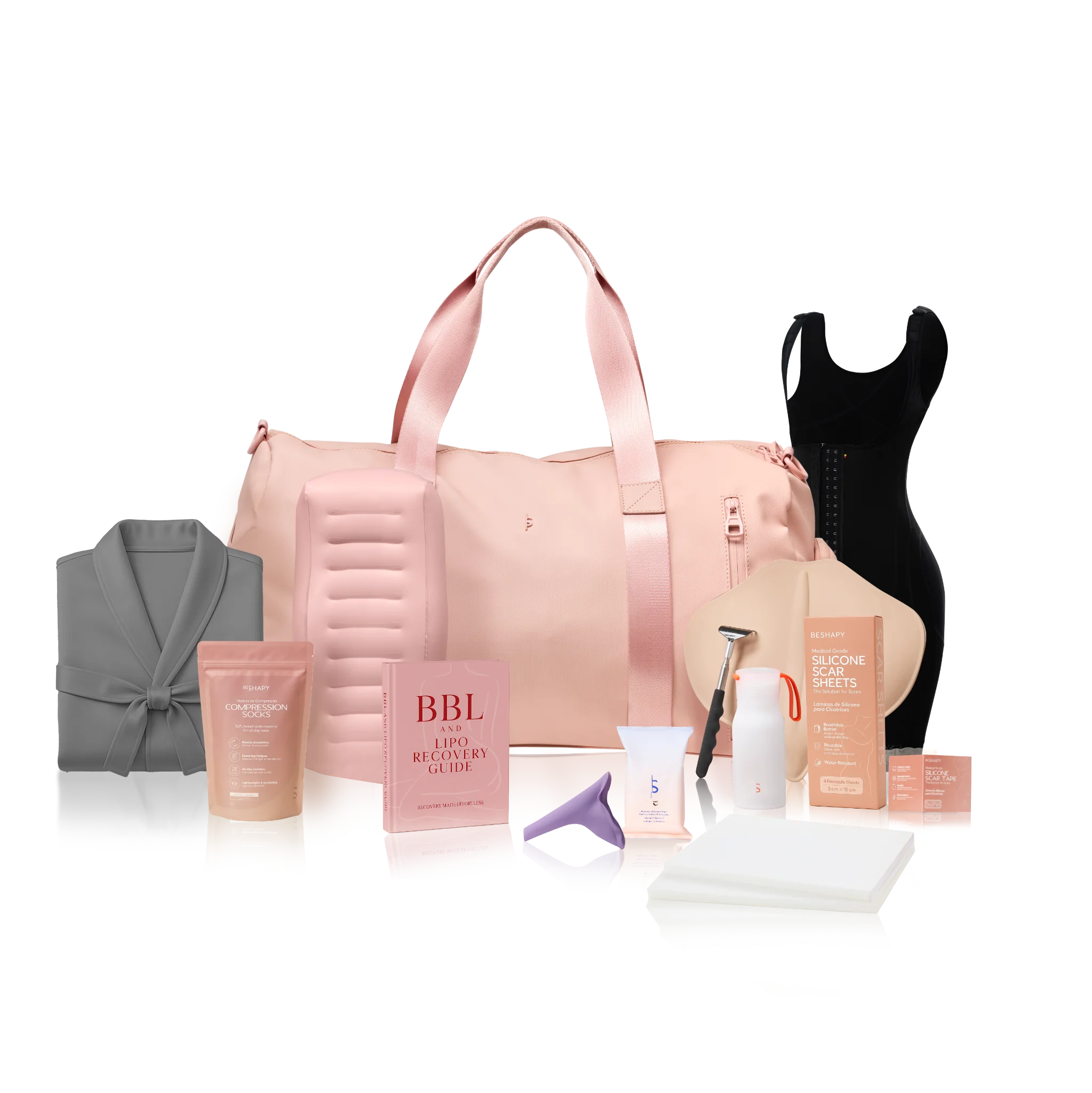 Collection of beauty and wellness products including a pink duffel bag, robe, and various items.