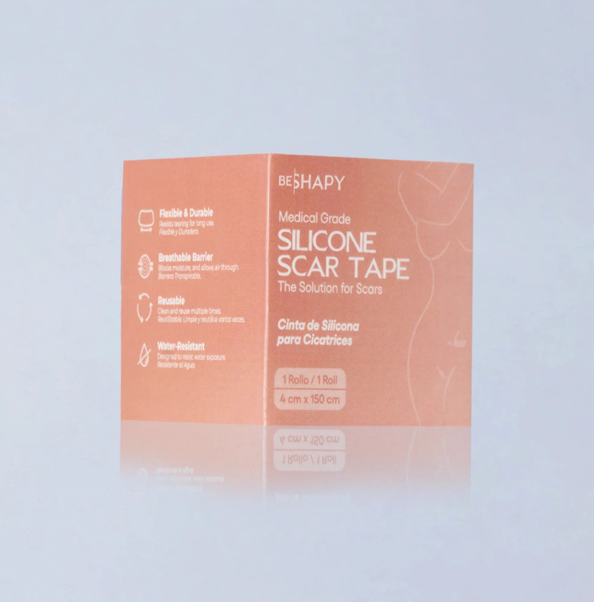 Box of silicone scar tape on a light purple background